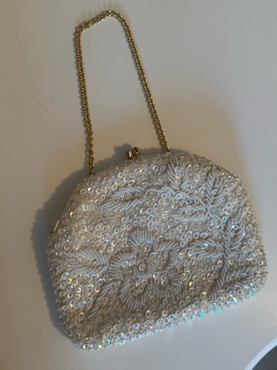 Vintage Handbags - Vintage Sequin Embellished Ivory Bridal Mini Clutch with Gold Chain
